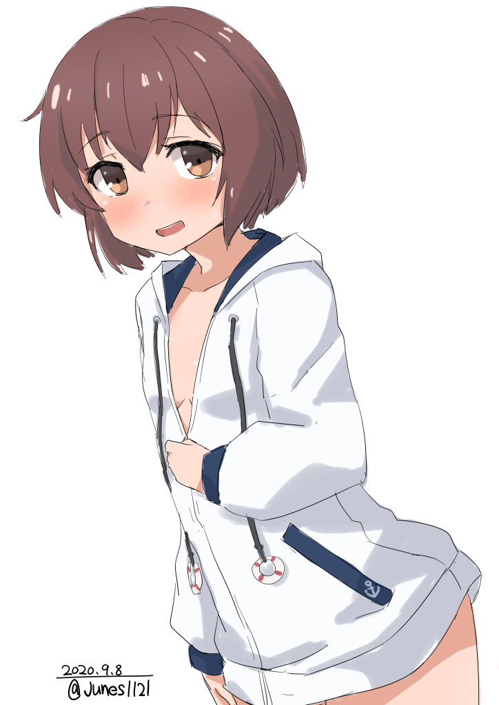 1girl breasts brown_eyes brown_hair commentary_request cowboy_shot dated drawstring jacket junes kantai_collection looking_at_viewer naked_jacket open_mouth round_teeth short_hair simple_background small_breasts solo teeth twitter_username upper_teeth white_background white_jacket yukikaze_(kantai_collection)