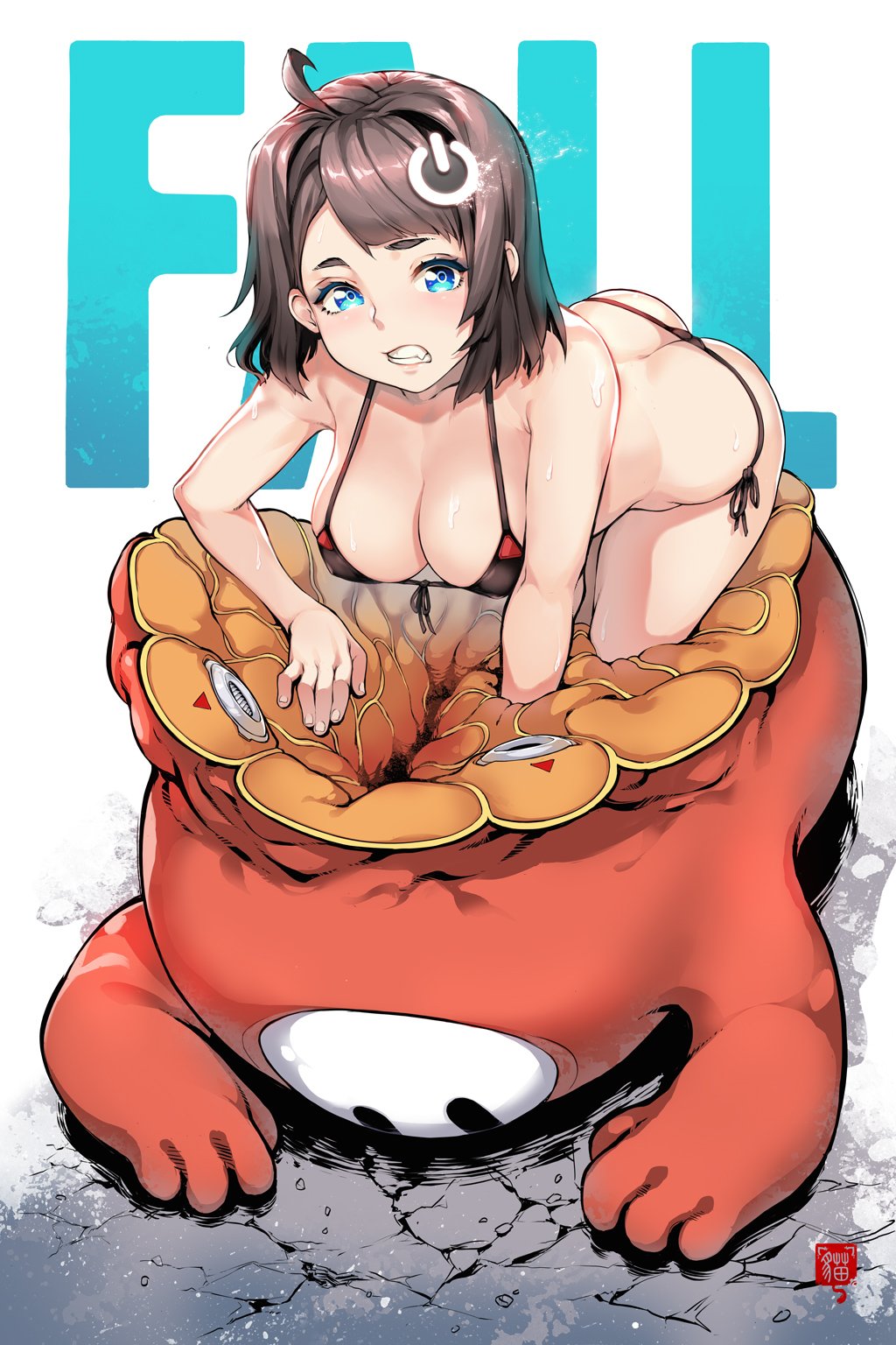 1girl blue_eyes breasts brown_hair butt_crack clenched_teeth english_commentary fall_guy fall_guys fang highres kneeling looking_at_viewer medium_breasts original power_symbol robot_cat short_hair teeth white_background