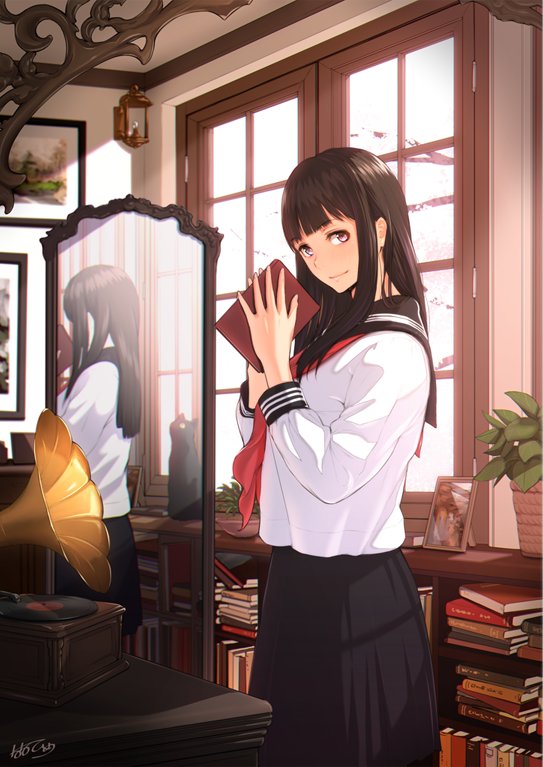 1girl bangs blunt_bangs book book_stack bookshelf holding holding_book indoors library long_hair looking_at_viewer mirror nanahime original pleated_skirt school_uniform serafuku skirt solo