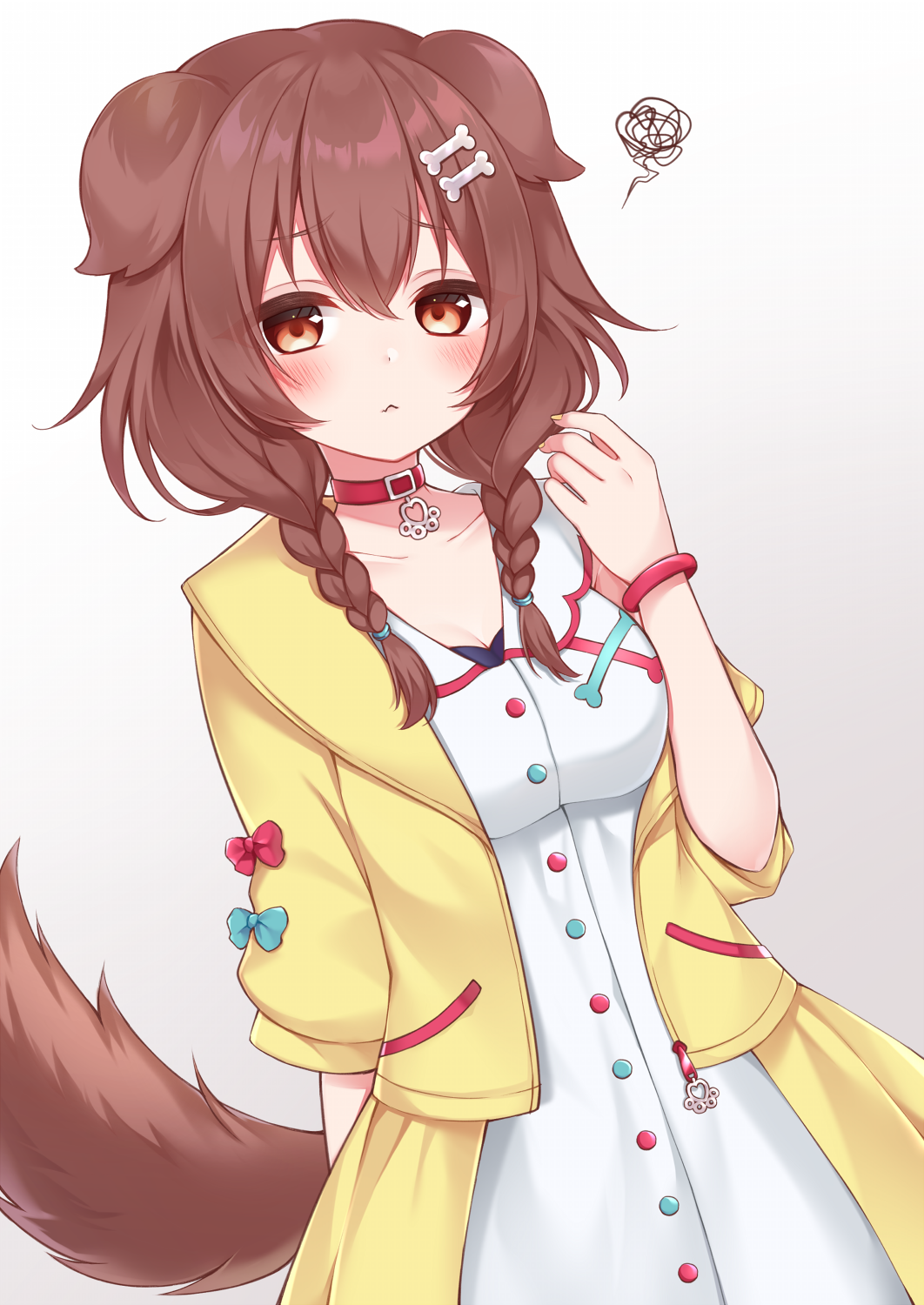 1girl :3 animal_ears bangs blue_bow blush bone_hair_ornament bow bracelet braid brown_eyes brown_hair buttons cartoon_bone choker collar collarbone cowboy_shot dog_collar dog_ears dog_girl dog_tail dress dutch_angle embarrassed frown furrowed_eyebrows hair_between_eyes hair_ornament hairclip highres hololive inugami_korone jacket jewelry long_hair looking_at_viewer low_twin_braids low_twintails off-shoulder_jacket red_bow red_collar ririam short_dress simple_background solo squiggle tail twin_braids twintails virtual_youtuber white_background white_dress wristband yellow_jacket