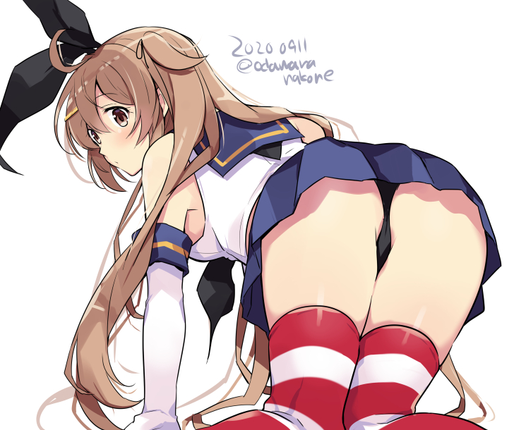 1girl black_neckwear black_panties blue_skirt brown_eyes cosplay dated elbow_gloves from_behind gloves hair_flaps hair_ornament hairclip kantai_collection light_brown_hair long_hair looking_back miniskirt murasame_(kantai_collection) neckerchief odawara_hakone panties pleated_skirt school_uniform serafuku shimakaze_(kantai_collection) shimakaze_(kantai_collection)_(cosplay) simple_background skirt sleeveless solo striped striped_legwear thigh-highs twintails twitter_username underwear white_background white_gloves