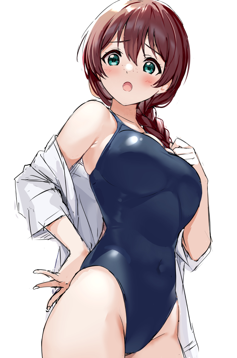 1girl :o aqua_eyes bangs bare_shoulders black_swimsuit blush braid breasts covered_navel cowboy_shot emma_verde eyebrows_visible_through_hair freckles groin hand_on_hip hand_on_own_chest highres long_hair long_sleeves looking_at_viewer love_live! love_live!_school_idol_festival_all_stars medium_breasts off_shoulder open_clothes open_mouth open_shirt redhead sankuro_(agoitei) shirt simple_background single_braid skin_tight solo swimsuit white_background white_shirt