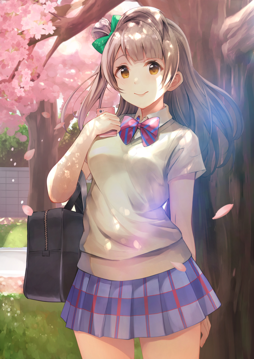 1girl arm_behind_back arm_up bag bangs beige_vest blue_skirt blunt_bangs bow bowtie cellphone cherry_blossoms collar collared_shirt cowengium grass green_bow greyscale hair_bow highres holding holding_phone light_blush long_hair looking_at_viewer love_live! love_live!_school_idol_project minami_kotori monochrome outdoors petals phone plaid plaid_skirt pleated_skirt school_bag school_uniform shirt short_sleeves side_ponytail skirt smartphone smile solo striped striped_neckwear tree uniform vest white_collar yellow_eyes