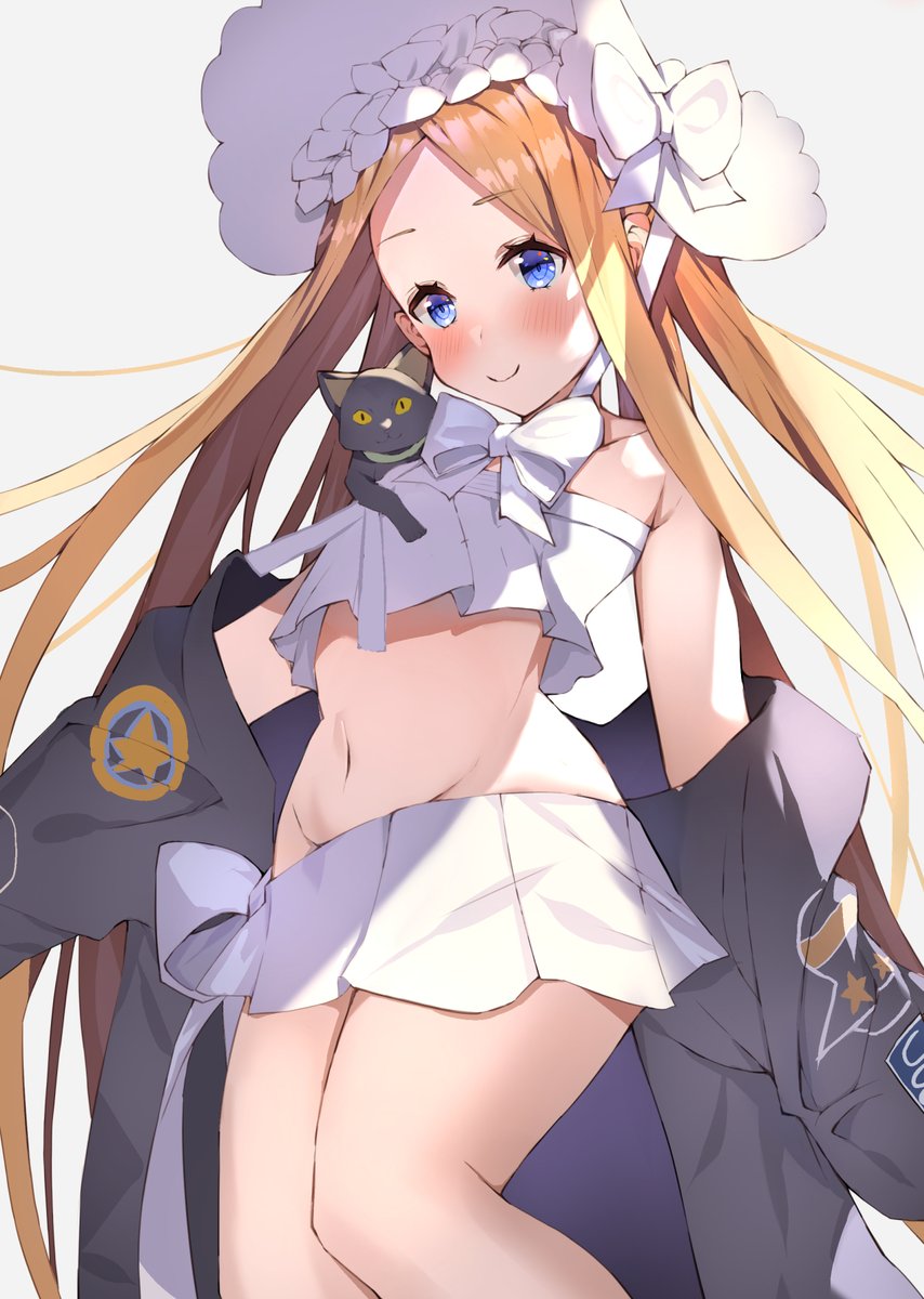 1girl aa44 abigail_williams_(fate/grand_order) abigail_williams_(swimsuit_foreigner)_(fate) animal_on_shoulder bikini blonde_hair blue_eyes blush bonnet cat fate/grand_order fate_(series) grey_background highres long_hair looking_at_viewer navel simple_background solo swimsuit white_bikini