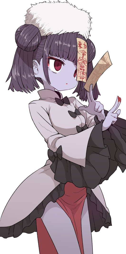 1girl bangs blunt_bangs double_bun dress eyebrows_visible_through_hair eyeshadow frills fur_hat hat jiangshi long_sleeves makeup ofuda original pelvic_curtain purple_hair purple_skin red_eyes simple_background solo sumiyao_(amam) twintails white_background white_headwear