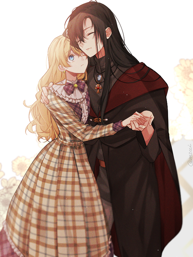 1boy 1girl aruhi_ohimesama_ni_natteshimatta_ken_ni_tsuite athanasia_de_alger_obelia azs_kn bangs black_coat black_hair blonde_hair blue_eyes bow bowtie brooch center_frills character_request closed_eyes coat dress earrings feet_out_of_frame flower frills gem hair_between_eyes hair_flowing_over hand_on_another's_hand hand_on_another's_shoulder holding_hands jewelry leaning_on_person long_hair long_sleeves looking_at_another messy_hair one_eye_closed plaid plaid_bow plaid_dress plaid_neckwear turtleneck wavy_hair white_background yellow_flower