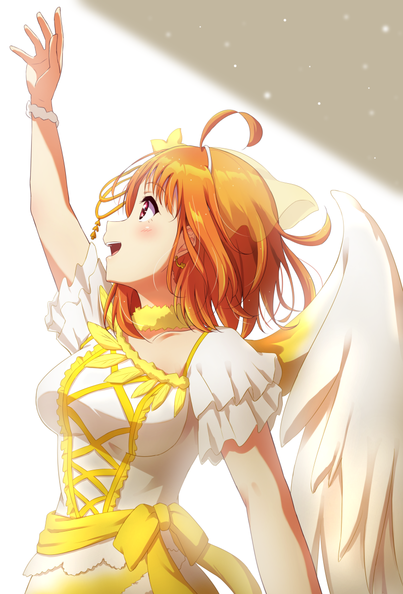 1girl ahoge angel_wings blush breasts choker cross-laced_clothes earrings frilled_sleeves frills from_side fur_choker highres jewelry looking_away looking_up love_live! love_live!_sunshine!! medium_breasts open_mouth orange_hair profile qy red_eyes sash short_hair short_sleeves smile solo takami_chika upper_body upper_teeth veil white_wings wings wristband
