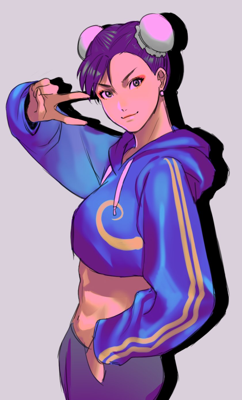 1girl abs adapted_costume black_hair blue_hoodie chun-li cropped_hoodie drawstring earrings eyeshadow grey_eyes hand_in_pocket hanny_(uirusu_chan) highres hood hood_down hoodie jewelry looking_at_viewer makeup midriff navel pants pose smile solo standing street_fighter street_fighter_ii_(series) striped stud_earrings track_pants v vertical_stripes