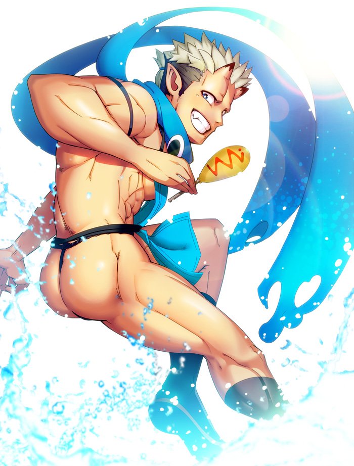 1boy abs ass bara black_hair blonde_hair blue_scarf bulge chest facial_hair feet_out_of_frame food fundoshi goatee horns japanese_clothes jiraiya_(tokyo_houkago_summoners) loincloth looking_at_viewer looking_back male_focus manly multicolored_hair muscle navel nipples pectorals revealing_clothes scarf shirtless short_hair sideburns smile solo thighs tokyo_houkago_summoners waku_(ayamix) water