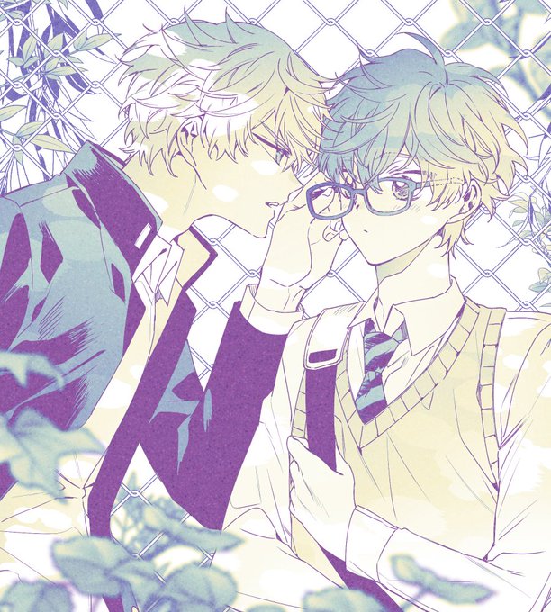 175x172nyrn 2boys argonavis_from_bang_dream! asahi_nayuta bag bang_dream! chain-link_fence collared_shirt fence gakuran glasses leaf limited_palette male_focus multiple_boys nanahoshi_ren necktie plant school_uniform shirt sweater_vest yaoi