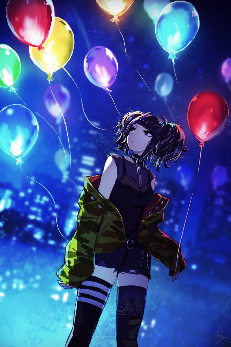 balloon bangs black_dress black_legwear blue_sky blurry blurry_background cityscape closed_mouth day depth_of_field diagonal_bangs dress highres idolmaster idolmaster_shiny_colors jacket long_sleeves looking_back minyom mismatched_legwear night night_sky off_shoulder outdoors purple_hair short_dress short_twintails skindentation sky sleeveless sleeveless_dress tanaka_mamimi thigh-highs twintails unzipped violet_eyes yellow_jacket