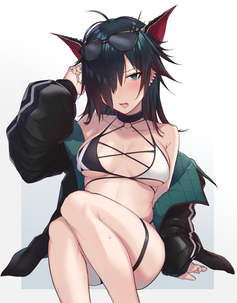 1girl animal_ears antenna_hair bangs bikini black_hair black_jacket blush breasts choker dragon_ears ear_piercing extra_ears eyewear_on_head green_eyes hair_over_one_eye jacket large_breasts long_hair long_sleeves multiple_rings ngtr_kaina o-ring o-ring_bikini off_shoulder open_mouth piercing puzzle_&amp;_dragons roche_(p&amp;d) simple_background solo sunglasses sweat swimsuit thigh_strap two-tone_background