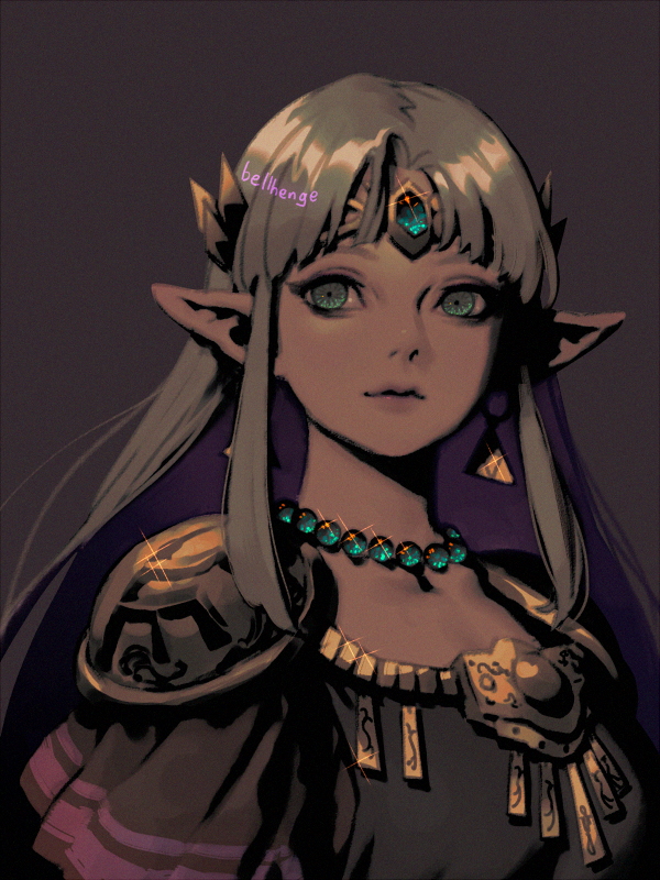 alternate_costume armor bangs bellhenge blue_eyes center_part crown dark_background dress earrings gem jewelry long_hair looking_at_viewer necklace pale_skin pointy_ears princess_zelda shoulder_armor simple_background super_smash_bros. the_legend_of_zelda triforce white_hair