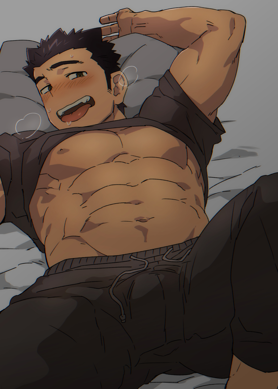 1boy abs bara bed black_eyes black_hair blush breath chest feet_out_of_frame highres male_focus muscle navel nipples original pants pectorals pillow shirt_lift short_hair solo st05254 toned toned_male tongue tongue_out track_pants