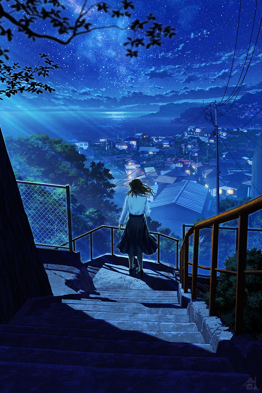 1girl black_skirt blue_theme clouds cloudy_sky facing_away from_behind highres light_rays long_hair mocha_(cotton) night night_sky ocean original outdoors power_lines shadow shirt skirt sky solo stairs star_(sky) starry_sky town tree white_shirt