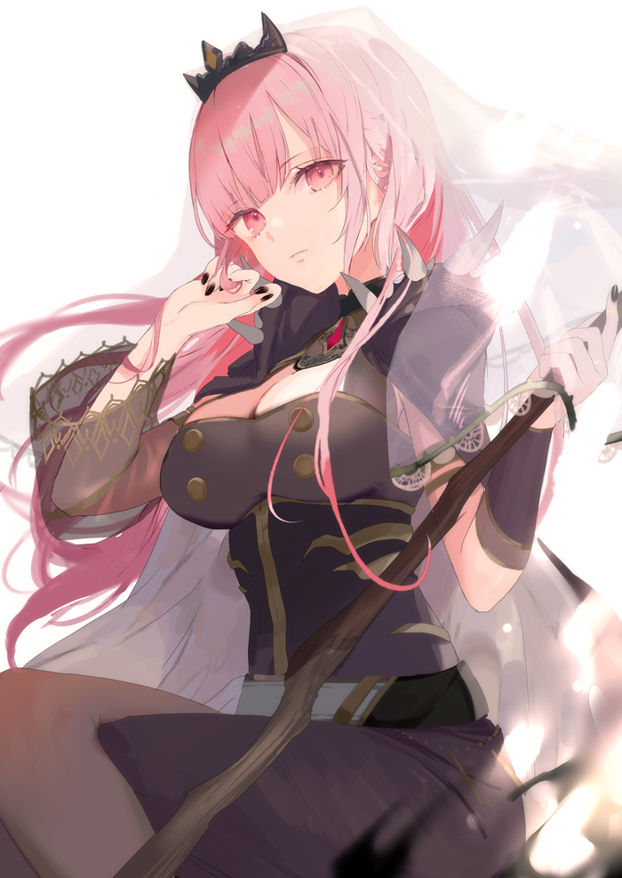 1girl belt black_dress black_nails breasts capelet crossed_legs detached_sleeves dress expressionless head_tilt holding hololive hololive_english large_breasts long_hair mori_calliope official_art pink_eyes pink_hair scythe sitting solo tiara veil virtual_youtuber yukisame