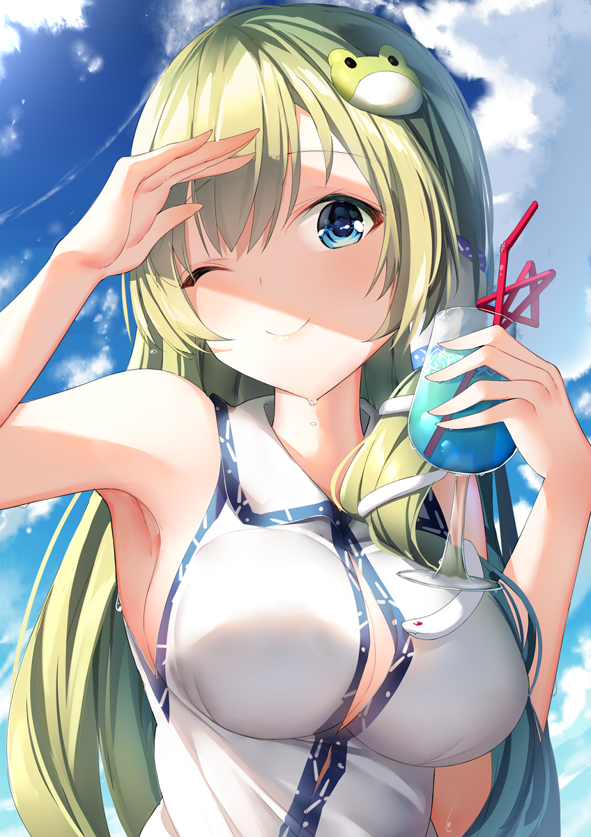 1girl ;) armpits bangs bare_shoulders blue_eyes breasts commentary_request cup drinking_glass drinking_straw eyebrows_visible_through_hair frog_hair_ornament green_hair hair_ornament hands_up highres holding holding_cup kochiya_sanae large_breasts long_hair looking_at_viewer one_eye_closed shiero. shirt sleeveless sleeveless_shirt smile snake_hair_ornament solo touhou upper_body white_shirt