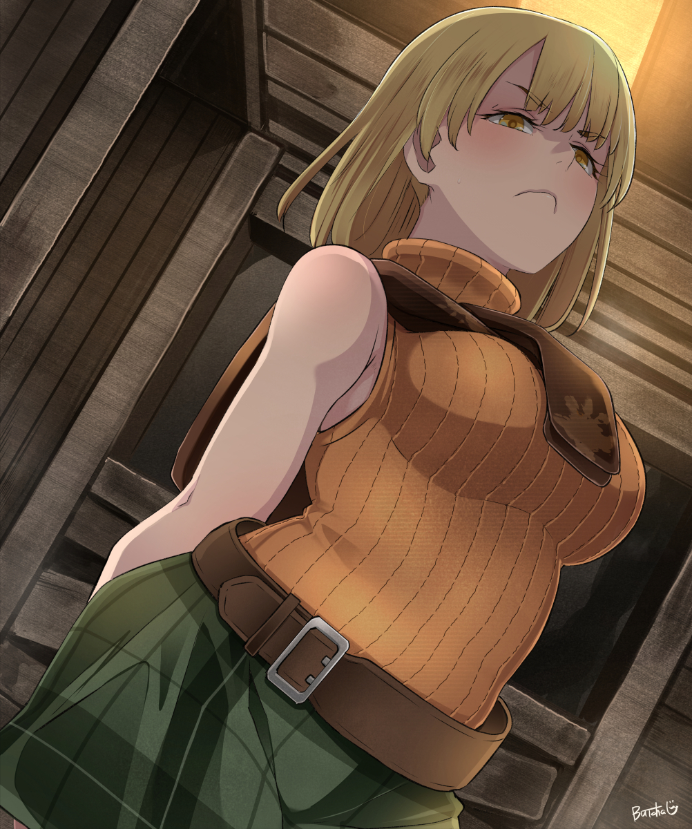 1girl artist_name ashley_graham bangs belt blonde_hair blush breasts butcha-u commentary_request eyebrows_visible_through_hair frown highres large_breasts light resident_evil resident_evil_4 scarf short_hair skirt sleeveless_sweater solo