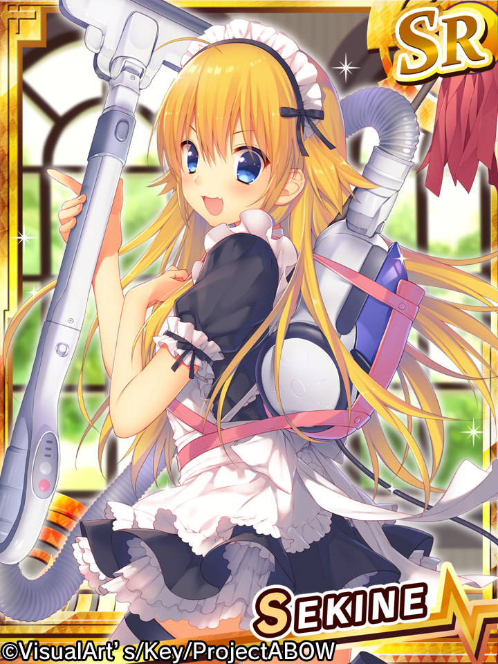 1girl angel_beats! ass bangs blonde_hair blue_eyes fang long_hair looking_at_viewer maid maid_headdress official_art open_mouth puffy_short_sleeves puffy_sleeves sakura_neko sekine short_sleeves solo vacuum_cleaner