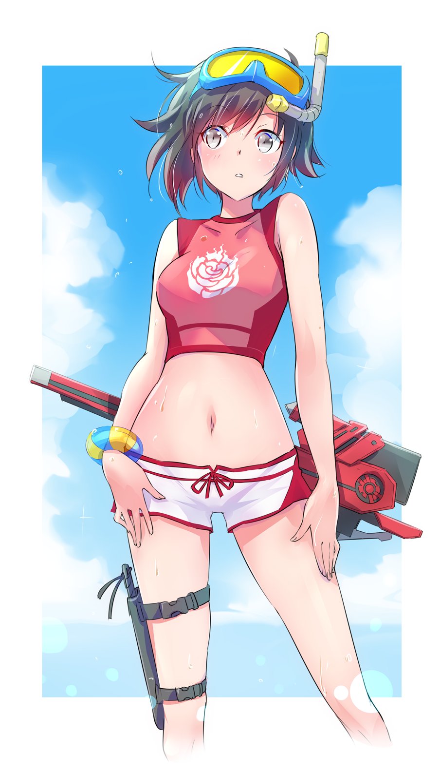 1girl black_hair crescent_rose diving_mask floral_print gradient_hair grey_eyes highres holster iesupa knife knife_holster multicolored_hair navel redhead rose_print ruby_rose rwby short_hair short_shorts shorts snorkel solo swimsuit thigh_holster two-tone_hair wet