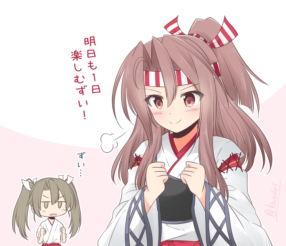 2girls brown_eyes commentary_request flat_chest ganbaruzoi grey_hair hachimaki headband high_ponytail icesherbet japanese_clothes kantai_collection long_hair multiple_girls muneate new_game! open_mouth ribbon smile solo_focus translated twintails upper_teeth white_ribbon zuihou_(kantai_collection) zuikaku_(kantai_collection)