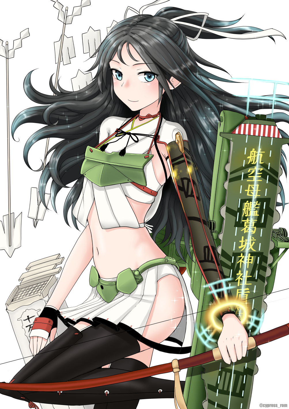 1girl armor armpit_crease arrow_(projectile) asymmetrical_gloves bangs black_hair black_legwear blue_eyes bow_(weapon) breasts commentary_request cowboy_shot crop_top cypress eyebrows_visible_through_hair fingerless_gloves flight_deck gloves hair_ribbon highres holding holding_bow_(weapon) holding_weapon japanese_clothes kantai_collection katsuragi_(kantai_collection) long_hair looking_at_viewer midriff muneate navel parted_bangs pleated_skirt ponytail ribbon sidelocks simple_background single_fingerless_glove skirt small_breasts smile solo standing thigh-highs twitter_username weapon white_background white_ribbon white_skirt zettai_ryouiki
