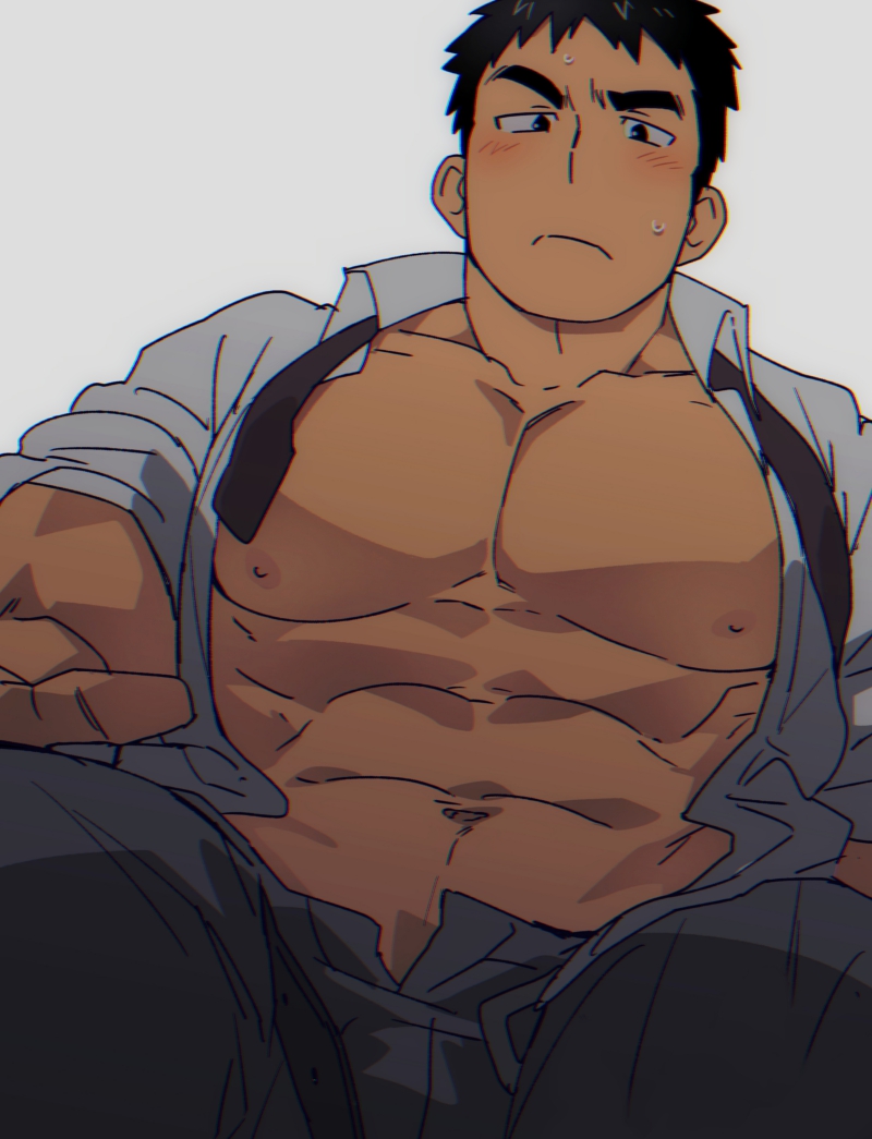 1boy abs bara belt black_eyes black_hair blush chest feet_out_of_frame male_focus muscle navel necktie nipples open_clothes open_pants open_shirt original pectorals raised_eyebrow shirt short_hair solo st05254 sweatdrop toned toned_male undressing white_shirt