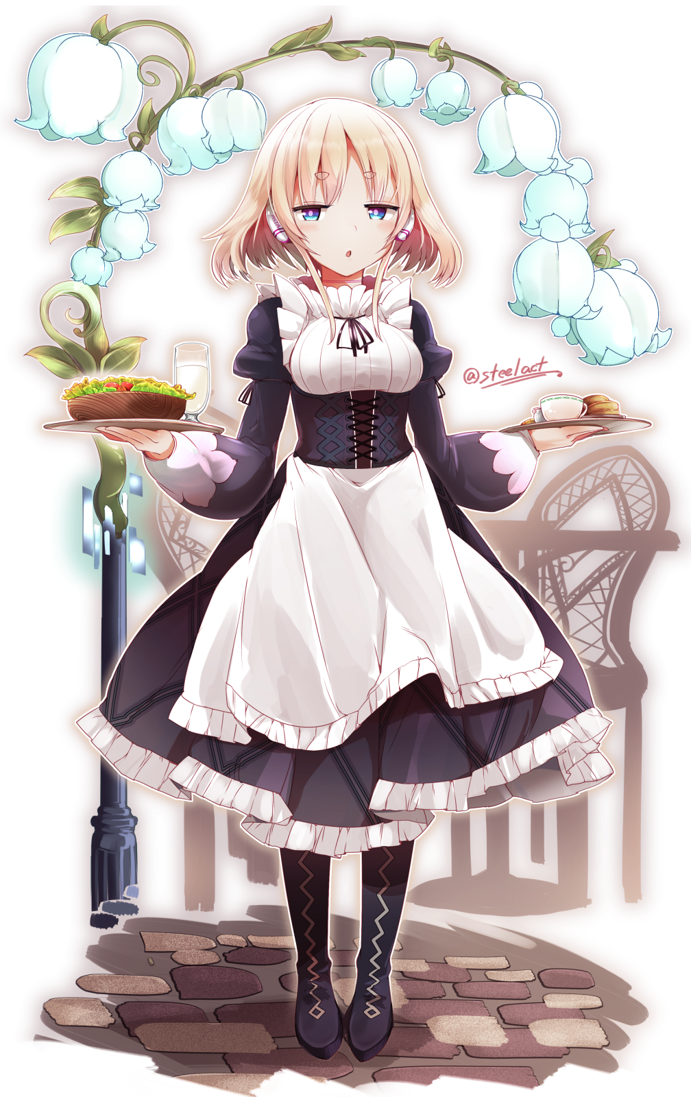 1girl apron black_dress black_footwear black_ribbon blonde_hair blue_eyes blue_flower boots breasts commentary_request cup dress drinking_glass flower food frilled_apron frilled_dress frills full_body highres holding holding_tray juliet_sleeves knee_boots long_hair long_sleeves looking_at_viewer maid milk neck_ribbon nijou_katame original puffy_sleeves ribbon robot_ears short_eyebrows small_breasts solo standing teacup thick_eyebrows tray twitter_username waist_apron white_apron