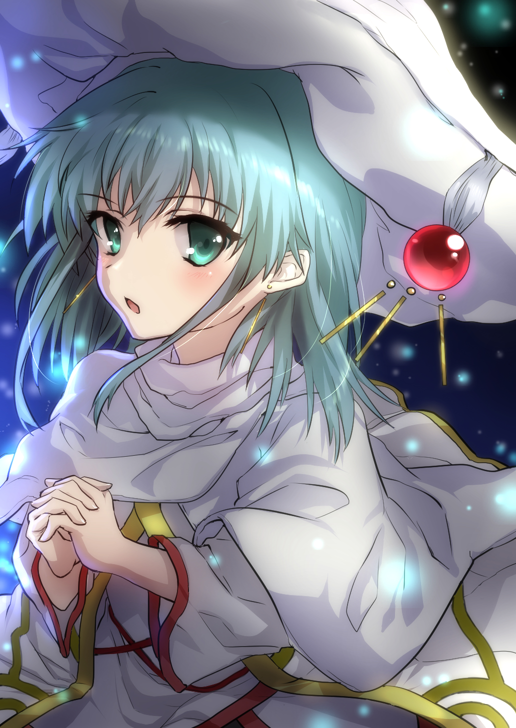 1girl aqua_hair bangs dress eyebrows_visible_through_hair floating_hair green_eyes hair_between_eyes hands_clasped hat hecate highres long_hair long_sleeves open_mouth own_hands_together poppu shakugan_no_shana shiny shiny_hair solo upper_body white_dress white_headwear