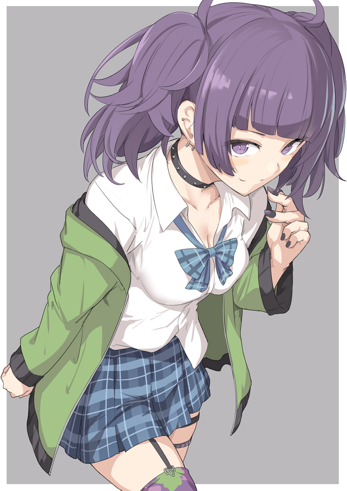 1girl bangs black_choker blue_skirt blush breasts choker closed_mouth collared_shirt diagonal_bangs dress_shirt green_jacket idolmaster idolmaster_shiny_colors jacket leaning_forward long_sleeves looking_at_viewer medium_breasts plaid plaid_neckwear plaid_skirt pleated_skirt purple_hair shirt shiseki_hirame short_twintails skirt smile studded_choker tanaka_mamimi thighs twintails violet_eyes white_shirt