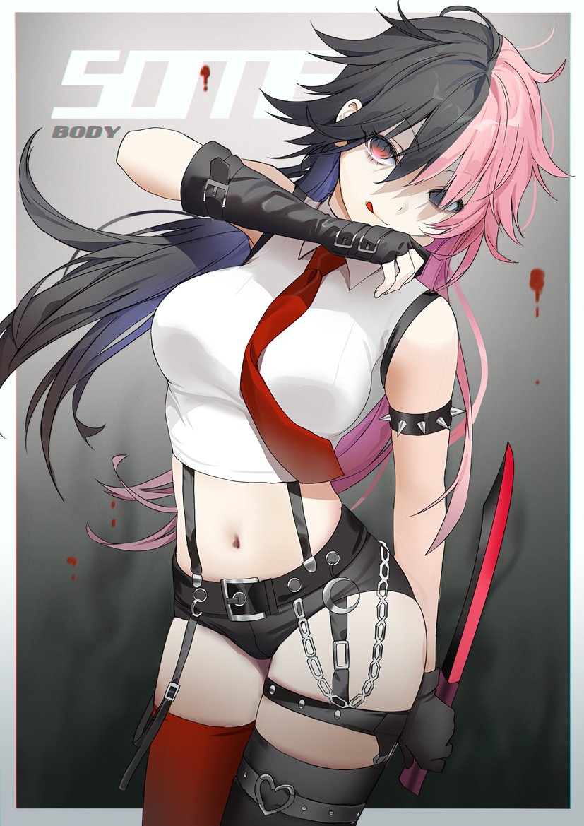 1girl :q arm_strap asymmetrical_gloves bare_shoulders belt black_eyes black_gloves black_hair black_legwear black_shorts breasts chain closed_mouth collared_shirt combat_knife cowboy_shot crop_top garter_straps gloves heterochromia holding holding_weapon knife lloule long_hair looking_at_viewer medium_breasts micro_shorts midriff mismatched_legwear multicolored_hair navel original partly_fingerless_gloves pink_hair red_eyes red_legwear reverse_grip shirt shorts sleeveless sleeveless_shirt smile solo spikes standing stomach suspenders thigh-highs thighs tongue tongue_out two-tone_hair weapon white_shirt