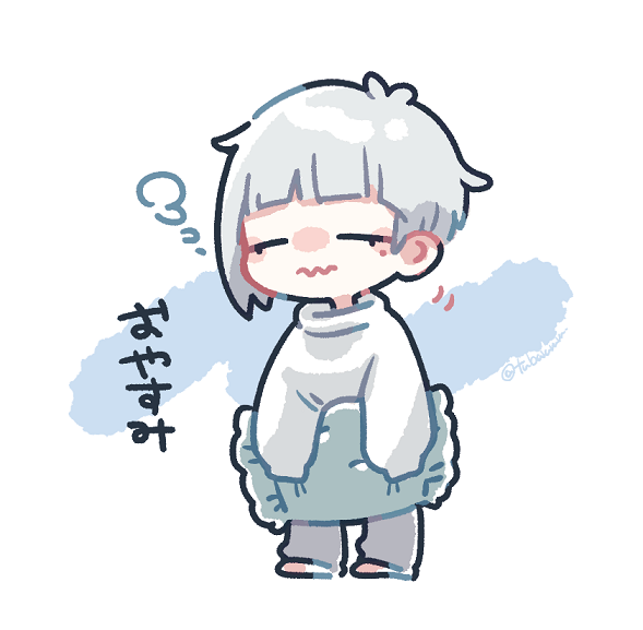 1boy bangs blunt_bangs chibi frilled_pillow frills grey_pants headphones_boy_(tsubaki_tsubara) hime_cut holding holding_pillow mole mole_under_eye original pants pillow sidelocks sleepy sweater tsubaki_tsubaru white_hair white_sweater