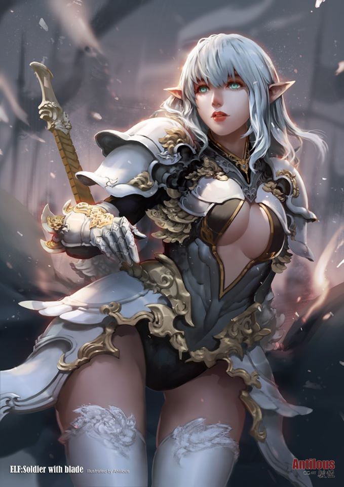 1girl antilous armor army ass_visible_through_thighs bangs black_leotard blurry blurry_background breasts center_opening chess_piece commentary_request cowboy_shot elf english_text faceless faceless_male faulds flag gauntlets green_eyes leotard lips long_hair looking_away looking_to_the_side medium_breasts medium_hair original pauldrons pointy_ears shoulder_armor silver_hair solo_focus sword sword_behind_back thigh-highs thigh_gap weapon white_hair white_legwear