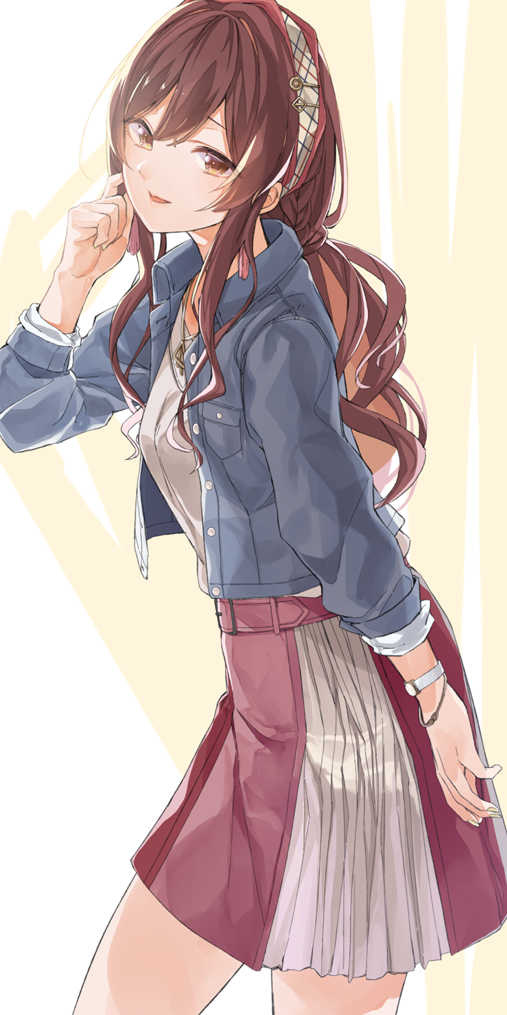 1girl alternate_hairstyle belt bracelet braid brown_eyes brown_hair commentary_request denim denim_jacket from_side hairband highres idolmaster idolmaster_shiny_colors jacket jewelry long_hair long_sleeves looking_at_viewer low_ponytail miniskirt necklace oosaki_amana open_clothes open_jacket pekoni_(peconi) shirt skirt solo tied_hair watch watch white_shirt yellow_background