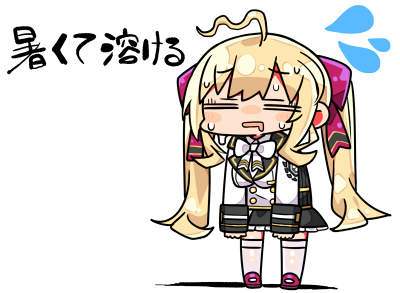 1girl =_= ahoge black_skirt blonde_hair bow breasts chibi closed_eyes drooling flying_sweatdrops frilled_skirt frills hair_bow jacket kanikama long_hair long_sleeves lowres medium_breasts mouth_drool nijisanji parted_lips pleated_skirt purple_bow purple_footwear shadow skirt sleeves_past_wrists solo standing sweat takamiya_rion thigh-highs translation_request twintails very_long_hair virtual_youtuber white_background white_bow white_jacket white_legwear