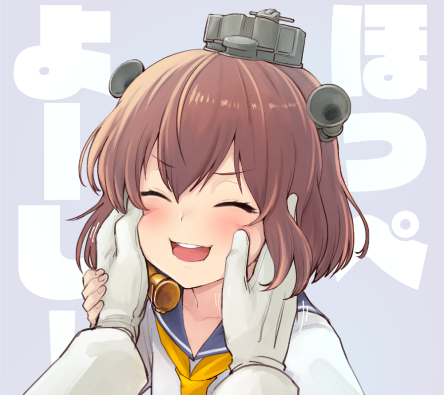 1boy 1girl background_text blue_sailor_collar brown_eyes brown_hair closed_eyes dress grey_background hands_on_another's_face headgear headset kantai_collection neckerchief sailor_collar sailor_dress short_hair smile speaking_tube_headset translation_request upper_body watanore yellow_neckwear yukikaze_(kantai_collection)