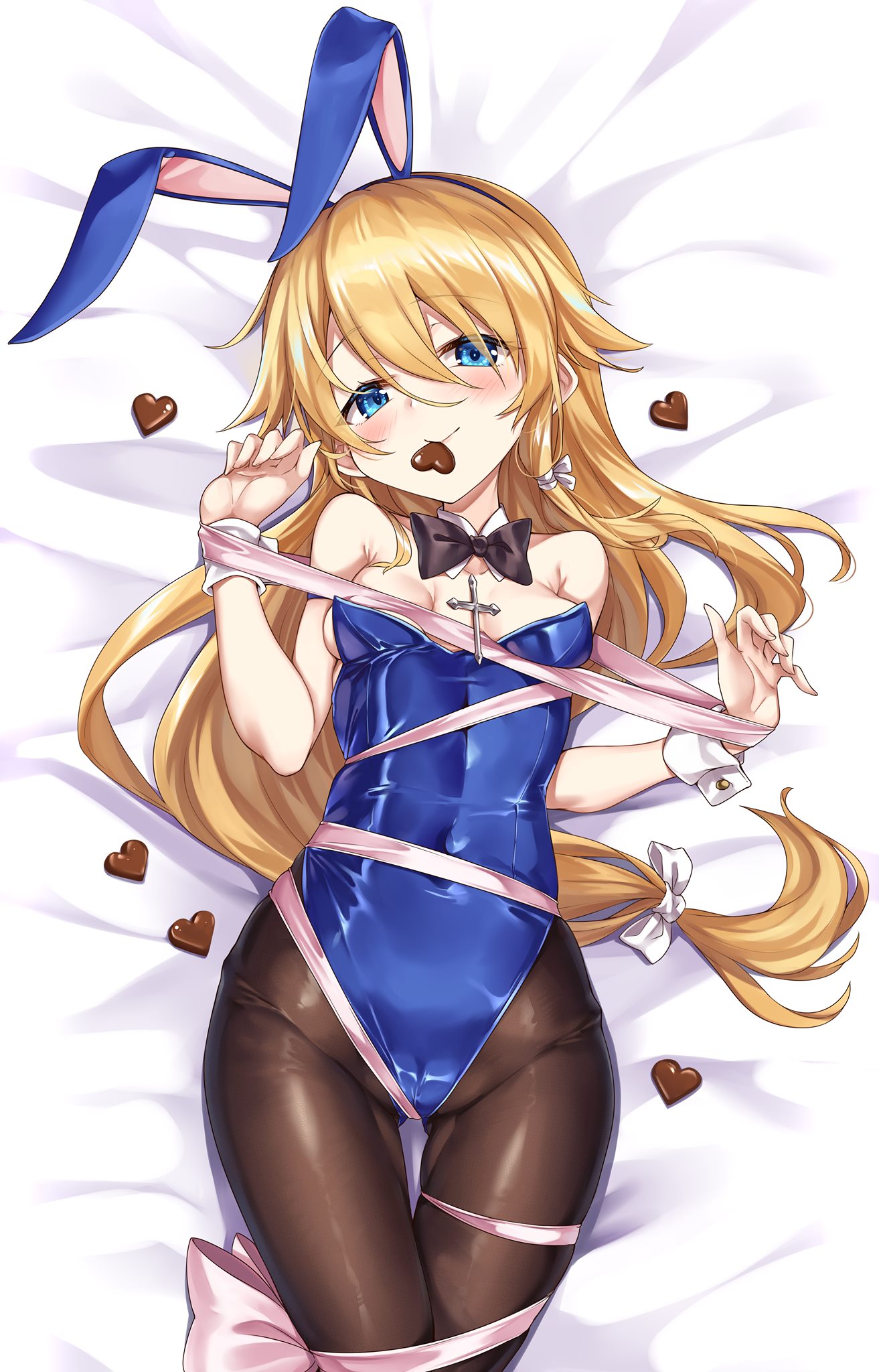 1girl animal_ears ass_visible_through_thighs black_legwear blonde_hair blue_eyes blush bound bow bowtie breasts candy chocolate chocolate_heart covered_navel detached_collar fake_animal_ears food hair_between_eyes hairband heart highres ks_(xephyrks) leotard long_hair low-tied_long_hair lying magi_in_wanchin_basilica mouth_hold on_back pantyhose rabbit_ears ribbon ribbon_bondage rosary small_breasts solo thigh_gap very_long_hair wrist_cuffs xiao_ma