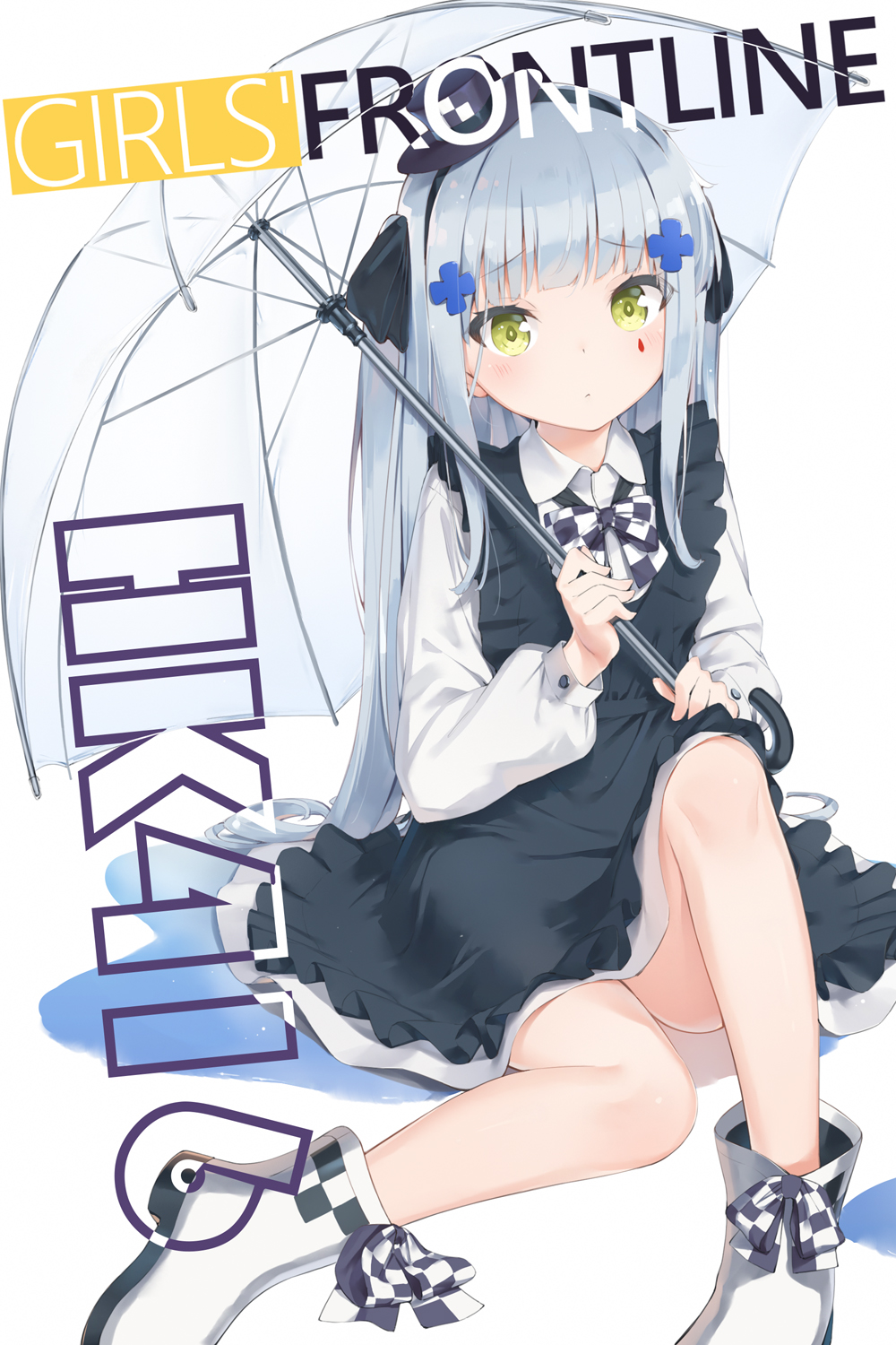 1girl blush breasts closed_mouth coffeiz_p dress girls_frontline green_eyes hair_ornament head_tilt highres hk416_(girls_frontline) holding long_hair looking_at_viewer no_legwear ribbon silver_hair simple_background sitting small_breasts straight_hair umbrella white_background