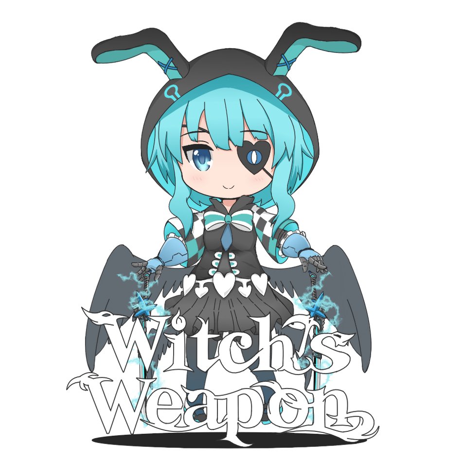 1girl animal_hood aqua_hair bangs black_dress black_hoodie black_legwear black_wings blue_eyes blue_neckwear bow bowtie bunny_hood checkered_sleeves chibi dress dual_wielding electricity elluka_(witch's_weapon) eyebrows_visible_through_hair eyepatch floating gauntlets heart heart_belt heart_eyepatch holding hood logo low_wings multiple_wings necktie q0cf4qmgrk5ivxc raglan_sleeves shadow simple_background smile solo sword weapon white_background wings witch's_weapon