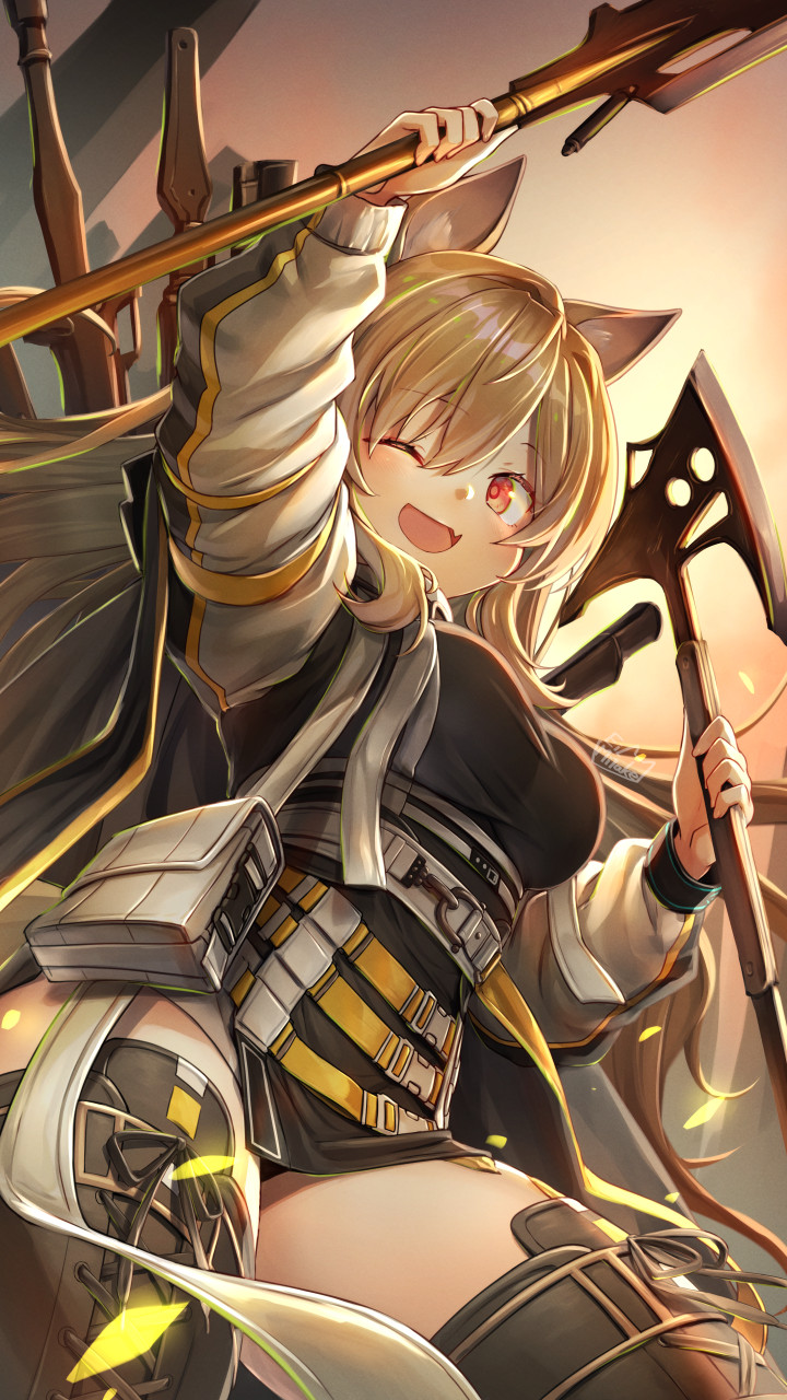 1girl ;d animal_ears arknights arm_up axe belt belt_pouch black_dress black_footwear black_legwear blonde_hair boots breasts ceobe_(arknights) commentary cowboy_shot cross-laced_footwear dog_ears dress dual_wielding eyebrows_visible_through_hair fang hair_between_eyes highres holding holding_axe holding_weapon jacket long_hair medium_breasts mitake_eil one_eye_closed open_mouth pouch red_eyes short_dress signature skin_fang smile solo strap thigh-highs thigh_boots thighs weapon weapon_on_back white_jacket zettai_ryouiki