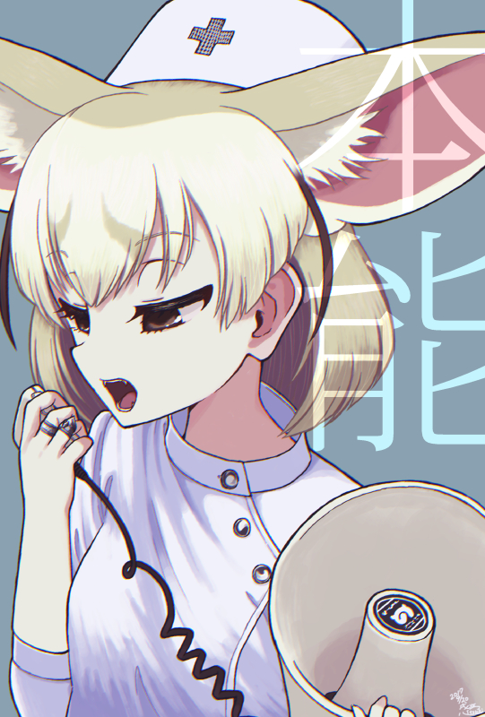 1girl blue_background brown_eyes fangs fennec_(kemono_friends) greek_cross hat jewelry kemono_friends kitsunetsuki_itsuki loudspeaker neck nurse nurse_cap open_mouth parody ring shiina_ringo