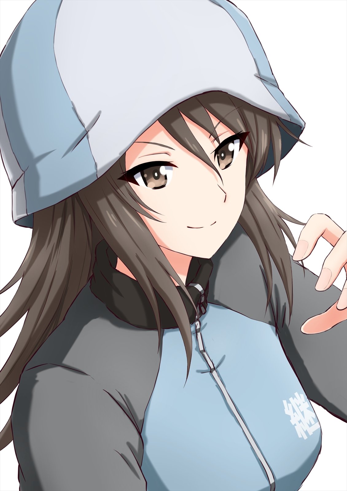 1girl bangs blue_headwear blue_jacket brown_eyes brown_hair closed_mouth commentary emblem girls_und_panzer hat highres jacket keizoku_military_uniform long_hair looking_at_viewer mika_(girls_und_panzer) military military_uniform omachi_(slabco) portrait raglan_sleeves simple_background smirk solo track_jacket tulip_hat uniform v-shaped_eyebrows white_background