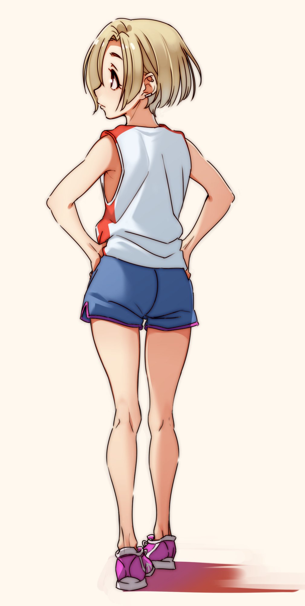 1girl ass blonde_hair commentary_request ear_piercing from_behind full_body hair_over_one_eye hands_on_hips highres idolmaster idolmaster_cinderella_girls kakaobataa piercing profile red_eyes shirasaka_koume shoes short_hair shorts simple_background sneakers solo sportswear tank_top white_background