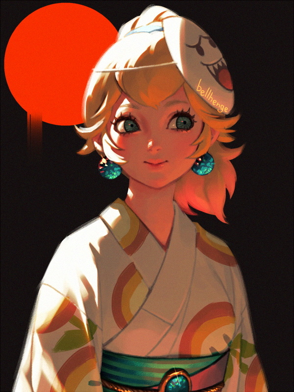 1girl bellhenge black_background blonde_hair blue_eyes boo closed_mouth earrings fire_flower gem japanese_clothes jewelry kimono lipstick makeup super_mario_bros. mask mask_on_head mask_removed pale_skin pink_lipstick ponytail princess_peach simple_background solo_focus super_mario_odyssey upper_body white_robe widow's_peak yukata