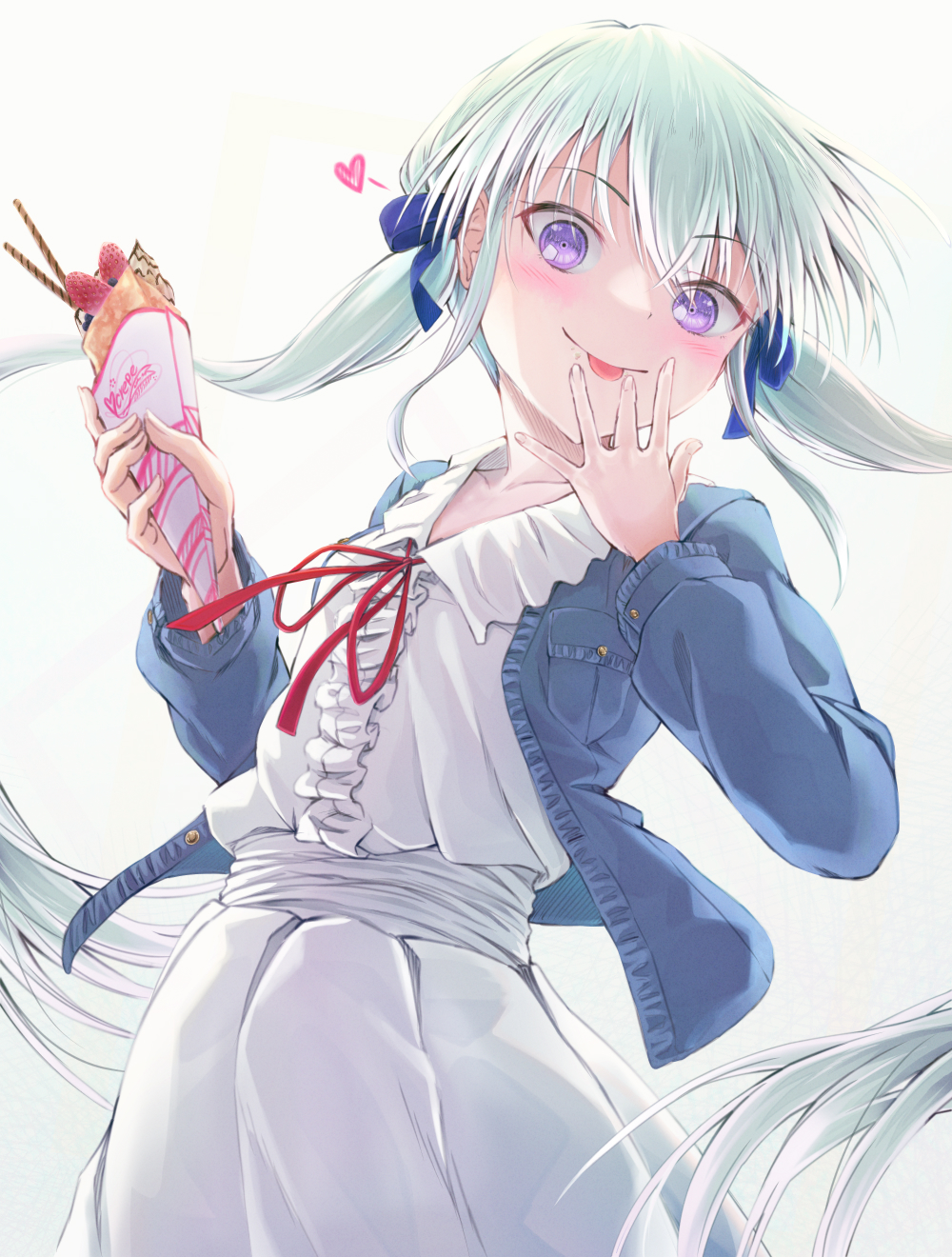 1girl :p arigato_(rmskrtkdlqj) bangs blue_bow blue_jacket blush bow center_frills closed_mouth collared_shirt commentary crepe eyebrows_visible_through_hair finger_licking food frills green_hair grey_background hair_between_eyes hair_bow hands_up heart highres holding holding_food jacket licking long_hair long_sleeves looking_at_viewer neck_ribbon open_clothes open_jacket original pleated_skirt red_ribbon ribbon shirt skirt smile solo symbol_commentary tongue tongue_out twintails very_long_hair violet_eyes white_shirt white_skirt