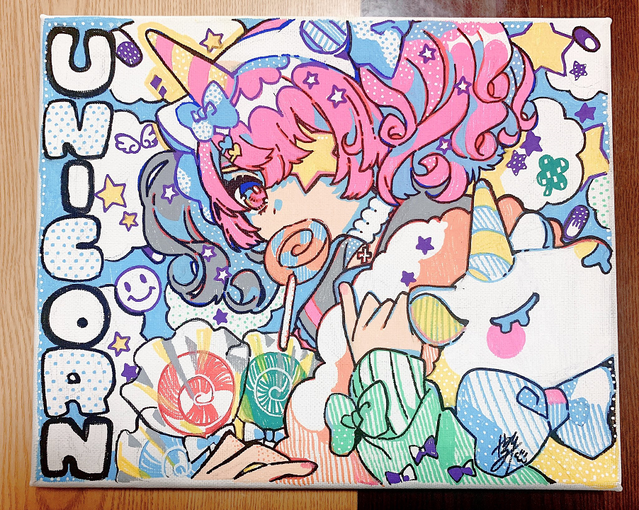 1girl animal_ears bow candy colorful curly_hair fake_animal_ears food horns lollipop original pink_eyes pink_hair pink_nails single_horn sleeves_past_wrists sparkle star_(symbol) star_eyepatch stuffed_unicorn swirl_lollipop traditional_media tsubaki_tsubaru twintails unicorn_girl_(tsubaki_tsubara)