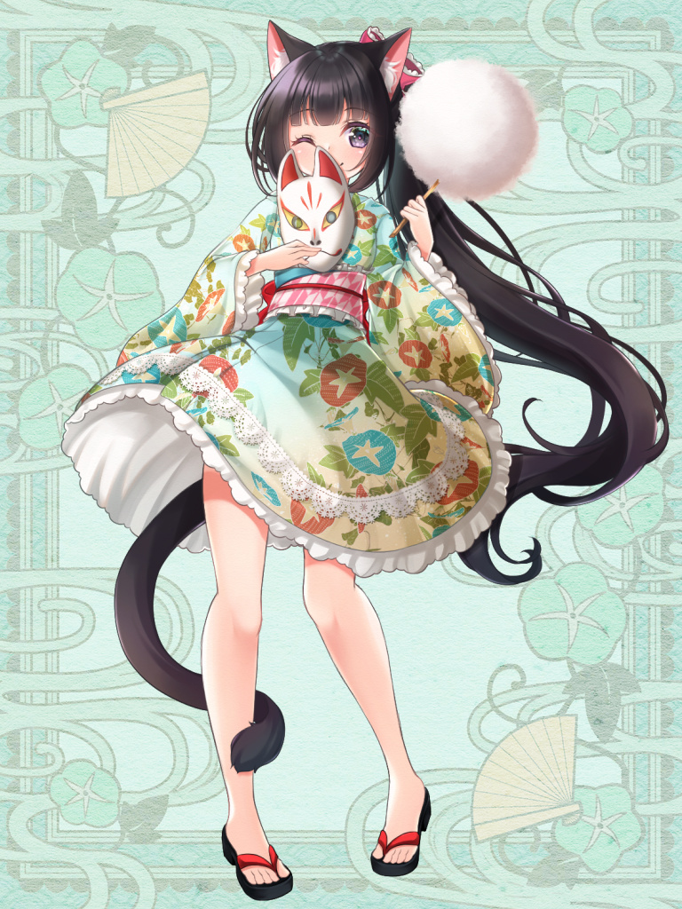 1girl ;) animal_ear_fluff animal_ears bangs black_footwear black_hair blush bow cat_ears cat_girl cat_tail character_request closed_mouth cotton_candy eyebrows_visible_through_hair floral_print food fox_mask frilled_kimono frills full_body grey_eyes hair_bow holding holding_food holding_mask japanese_clothes kerberos_blade kimono long_hair long_sleeves mask mask_removed mirai_(happy-floral) obi official_art one_eye_closed ponytail print_kimono red_bow sash smile solo standing tail very_long_hair wide_sleeves yukata zouri