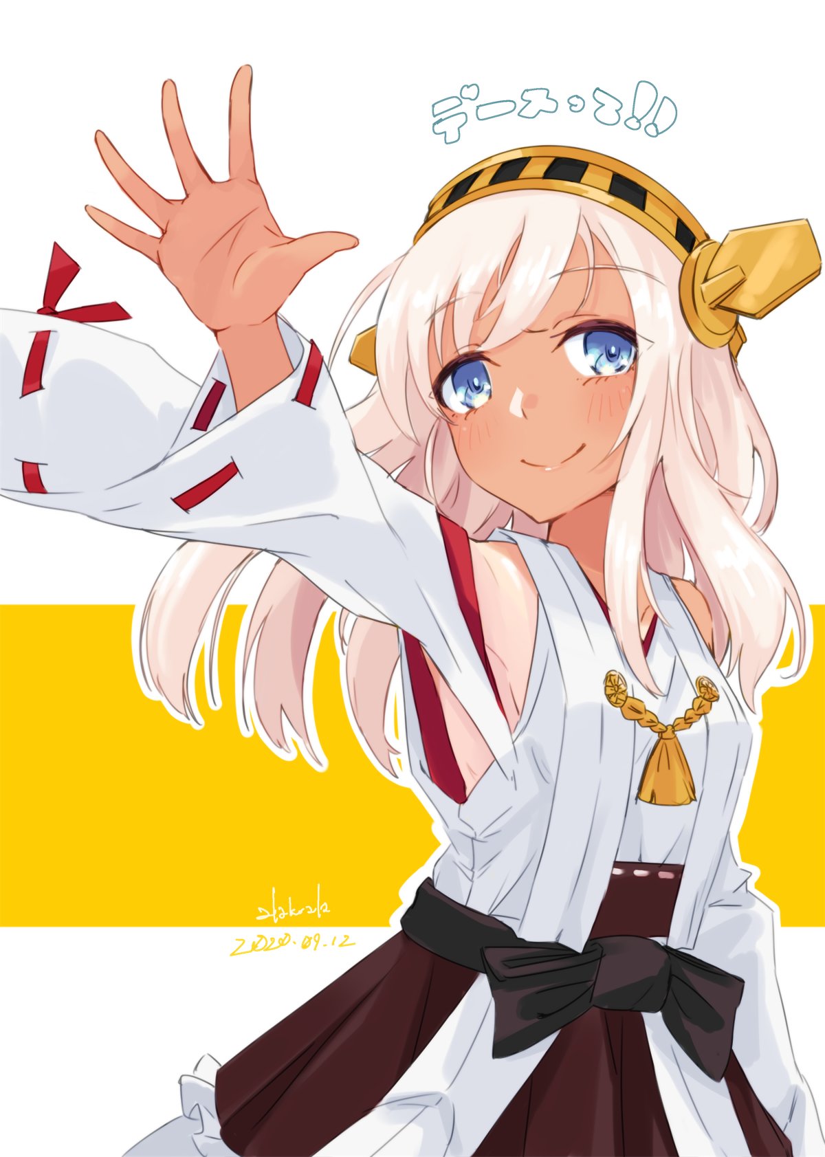 1girl alakoala blonde_hair blue_eyes brown_skirt commentary_request cowboy_shot detached_sleeves hairband headgear highres japanese_clothes kantai_collection kongou_(kantai_collection) long_hair looking_at_viewer one-piece_tan pleated_skirt pose ribbon-trimmed_sleeves ribbon_trim ro-500_(kantai_collection) skirt smile solo tan tanline two-tone_background white_background yellow_background