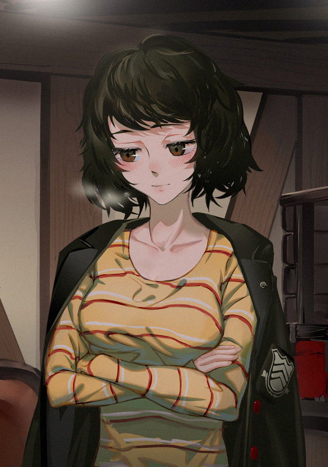 1girl bangs black_hair black_jacket blush borrowed_garments brown_eyes closed_mouth collarbone crossed_arms indoors jacket jacket_on_shoulders kawakami_sadayo long_sleeves persona persona_5 shirt short_hair solo striped striped_shirt swept_bangs upper_body vanink yellow_shirt