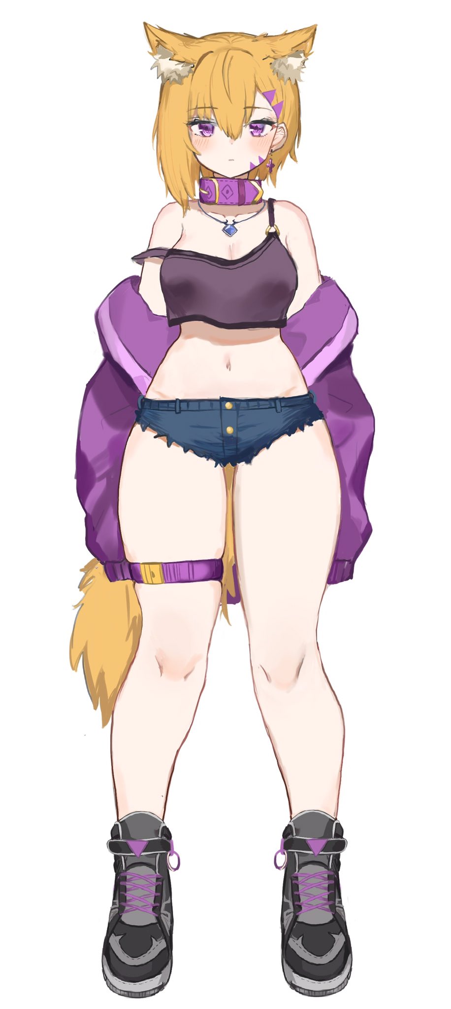 1girl animal_ear_fluff animal_ears bare_shoulders blonde_hair blue_shorts collar crop_top crop_top_overhang cutoffs denim denim_shorts facial_mark fox_ears fox_girl fox_tail full_body groin highres jacket jewelry leg_belt long_legs long_sleeves looking_at_viewer micro_shorts midriff navel necklace off_shoulder open_clothes open_jacket original purple_jacket purple_shirt shirt shoes short_hair shorts simple_background skindentation sleeveless sleeveless_shirt sneakers solo sorotu stomach strap_slip tail thighs violet_eyes white_background